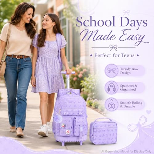CCJPX Rolling Backpack for Girls, 3Pcs Roller Wheeled School Bookbag, Bow Wheels Backpacks with Lunch Box for Kids (Purple) - color: Bow Purple