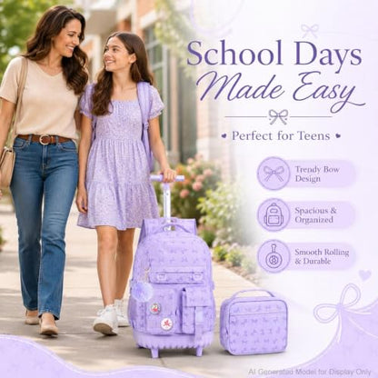CCJPX Rolling Backpack for Girls, 3Pcs Roller Wheeled School Bookbag, Bow Wheels Backpacks with Lunch Box for Kids (Purple) - color: Bow Purple