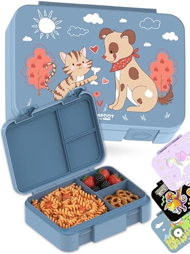 BEARFOOT Kids Lunch Box with Compartments – Compact & Lightweight | Leak-Proof, BPA-Free, Dishwasher Safe | Hand-Drawn Design for Preschool, School, Travel (Dog & Cat Blue, 4 Cups) | BPA Free Leakproof Lunch Box with Compartments School & Nursery for Girl