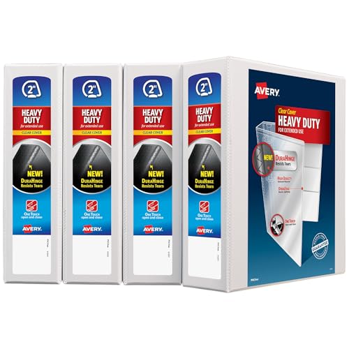 Avery Heavy-Duty View 3 Ring Binder, 2" One Touch Slant Rings, Holds 8.5" x 11" Paper, 4 White Binders (79790)