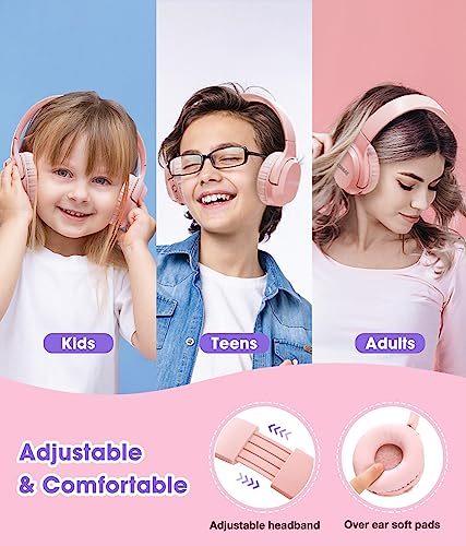 Kids Headphones Bluetooth 60H, Foldable On Ear Headphone with MIC, Volume Limiter 85dB/94dB Wireless & Wired Headphones, Over-Ear Headphone for Kid Adult School Online Class Travel, Pink