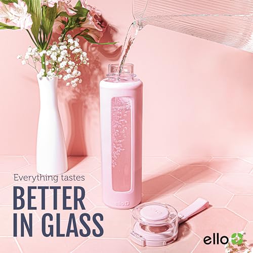 Ello Syndicate 20oz Reusable Glass Water Bottle with One-Touch Leak Proof Flip Lid, Protective Non-Slip Silicone Sleeve, Carry Loop for Coffee, Tea and Water, BPA-free, Dishwasher Safe, Sand - color: Sand