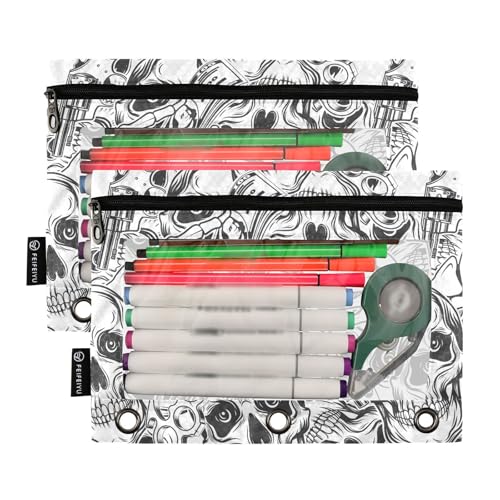 ZAZYXTJ Skeletons Skull Binder Pencil Pouchs 3 Ring with Zipper Clear Window Office Organizers bag for School Students Teacher Supplies 2 Pack - color: Skeletons