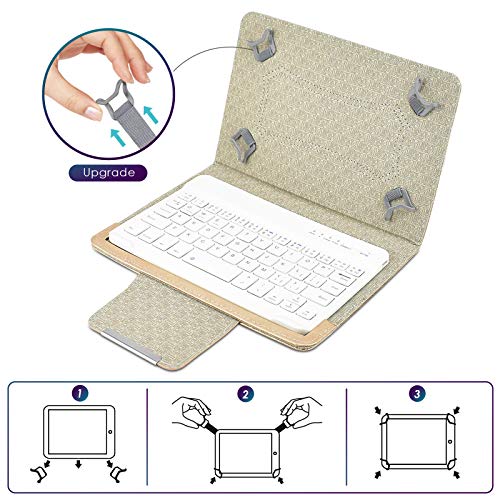 DETUOSI Universal 8.0 inch Android Tablet Case with Keyboard, Removable Wireless Bluetooth Keyboard + PU Leather Folio Book Cover + Stand, Travel Portable Sleeve for iOS/Android/Windows System Tablet - color: Gold Case + White Keyboard