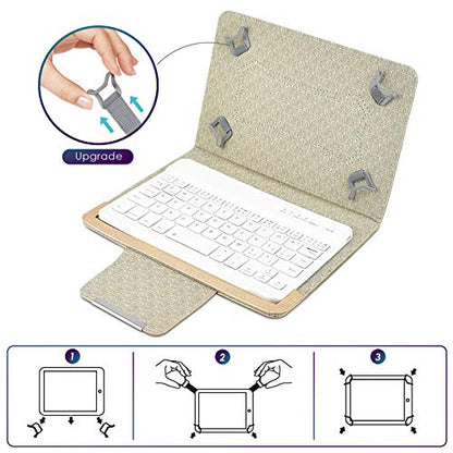 DETUOSI Universal 8.0 inch Android Tablet Case with Keyboard, Removable Wireless Bluetooth Keyboard + PU Leather Folio Book Cover + Stand, Travel Portable Sleeve for iOS/Android/Windows System Tablet - color: Gold Case + White Keyboard