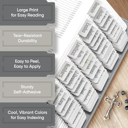 EssexWares - Silver Mist Bible Tabs for Old and New Testament, 80 Large Print Tabs for Bible Study, Water-Resistant and Durable Index Tabs for Women and Men - 1.7" Wide - color: Silver Mist