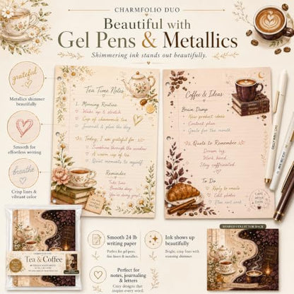 Charmfolio Duo Tea & Coffee Binder Paper, 80 College Ruled Sheets, 8.5 x 11 Inch 3 Hole Punched Loose Leaf Stationery, 40 Tea Pages + 40 Coffee Pages, Binder Paper, Besties, Back to school, Backpack