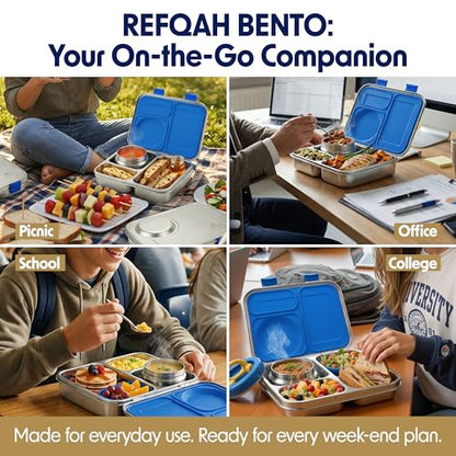Stainless Steel Bento Lunch Box with 8 oz Insulated Food Jar – 54 oz – Leak-Resistant 3-Compartment Kids & Adult Metal Meal Container with Silicone Container and Thermo for Work & School, BPA-Free