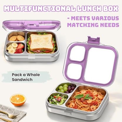 LOHASOK Kids Stainless Steel Lunch Bento Box BPA-Free Leak-Proof Tritan Lid 304 Metal Food Container with 3 Compartments for Girls Boys School Purple - color: Purple, size: 27oz/800ml