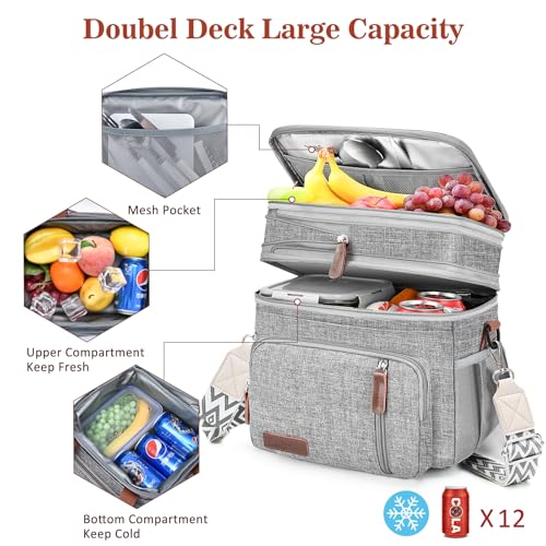 LOKASS Lunch Box & Lunch Bag for Women Men Double Deck, Large Insulated Adult Lunch Box Leakproof Lunchbox Cooler Bag for Work Picnic Beach,（Gray16L） - color: Gray 2