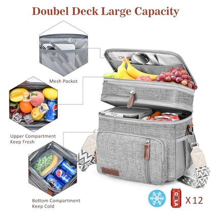 LOKASS Lunch Box & Lunch Bag for Women Men Double Deck, Large Insulated Adult Lunch Box Leakproof Lunchbox Cooler Bag for Work Picnic Beach,（Gray16L） - color: Gray 2