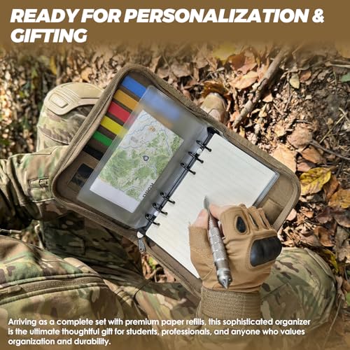 Tactical Notebook Cover, A6 Padfolio 6 Ring Binder with Big Back Pocket & Hand Strap, Zippered Hardcase Planner for Journal, College, Office, Field (Khaki, A6(5.5 x 8.5 inches)) - color: Khaki, size: A6