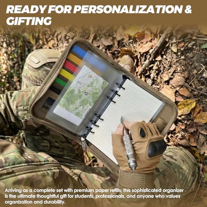 Tactical Notebook Cover, A6 Padfolio 6 Ring Binder with Big Back Pocket & Hand Strap, Zippered Hardcase Planner for Journal, College, Office, Field (Khaki, A6(5.5 x 8.5 inches)) - color: Khaki, size: A6
