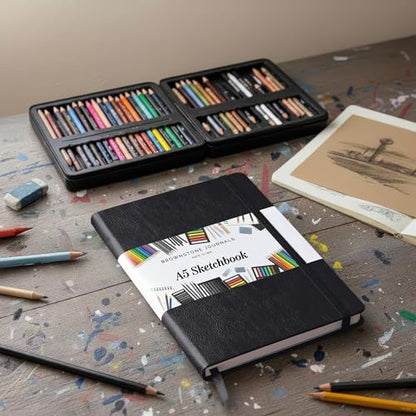 BROWNSTONE JOURNALS A5 Sketch Book Hardcover - 80 Sheets 100 GSM Paper 5"x8", Lay Flat, Vegan Leather Cover, Elastic Band, Back Pocket, Art Drawing Book (Charcoal Black) - color: Charcoal Black, size: A5 (5" x 8")