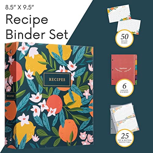 Jot & Mark 8.5" x 9.5" 3 Ring Recipe Binder with 50 Matching 4x6 inch Recipe Cards, 25 Top & Bottom Binder Sleeve Sheet Protector, 5 Full-Page Undivided Sleeves, 6 Sturdy Divider Tabs, Winter Orchard | 50 Recipe Cards + 25 Sleeve Protectors + 5 Full-Page