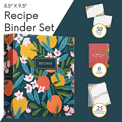 Jot & Mark 8.5" x 9.5" 3 Ring Recipe Binder with 50 Matching 4x6 inch Recipe Cards, 25 Top & Bottom Binder Sleeve Sheet Protector, 5 Full-Page Undivided Sleeves, 6 Sturdy Divider Tabs, Winter Orchard | 50 Recipe Cards + 25 Sleeve Protectors + 5 Full-Page