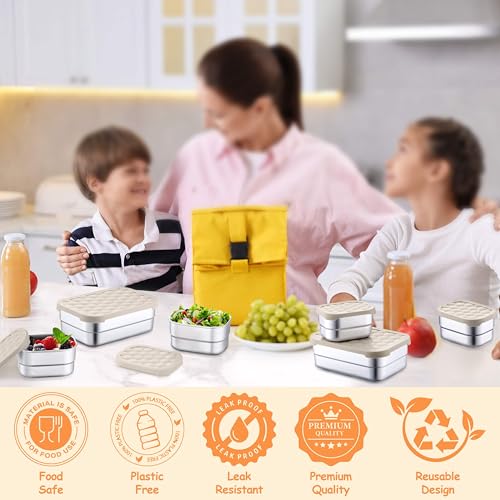 Homikit 3 Pack Kids Lunch Box Set, 18/10 Stainless Steel Bento Boxes with Silicone Lids Leak Proof, 5 Cups Reusable Metal Food Snack Containers for School Daycare, Nontoxic & Dishwasher Safe, Khaki - color: Khaki, size: Medium