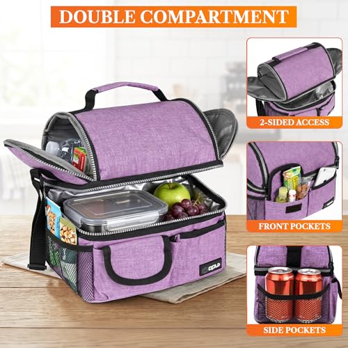 opux Insulated Lunch Bag Women Men, Dual Compartment Leakproof Lunch Box Adults Kids, Double Decker Meal Prep Bento Lunch Cooler Tote with Shoulder Strap for Work Office School Travel, Purple - color: Heather Purple