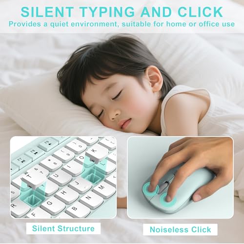 Silent Keyboard and Mouse Combo Wireless,ful-Sized Wireless Keyboard and Adjustable DPI Mouse, 2.4GHz USB Receiver, Keyboard and Mouse for PC, Windows, MAC, Desktop, Laptop (Mint Green-B) - color: Mint Green and white-B