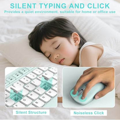 Silent Keyboard and Mouse Combo Wireless,ful-Sized Wireless Keyboard and Adjustable DPI Mouse, 2.4GHz USB Receiver, Keyboard and Mouse for PC, Windows, MAC, Desktop, Laptop (Mint Green-B) - color: Mint Green and white-B