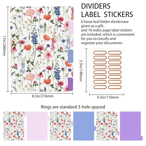 3 Ring Binder 2 Inch Round Ring Binder with 6 Tab Dividers，Cute Clipboard with Storage(Wild Flowers) - color: Wild Flowers, size: 2" Binder with Dividers