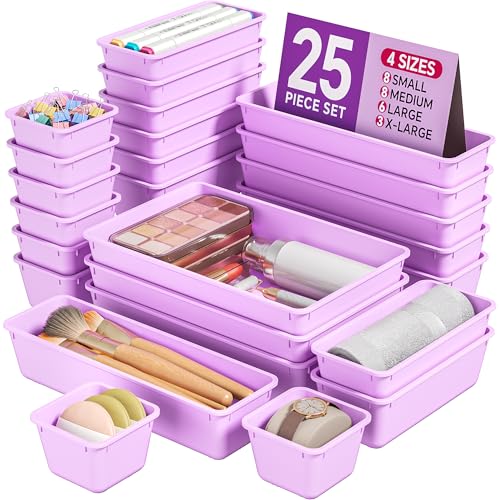 KEMETHY 25 PCS Plastic Drawer Organizers Set, 4 Sizes Vanity Organizer, Makeup and Desk Drawer Organizer Trays, Organization and Storage for Makeup, Bathroom, Kitchen Utensils and Office (Purple) - color: Purple