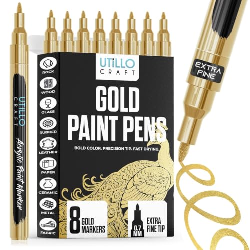 Utillo Craft Gold Paint Pen (8-Pack) Extra Fine Gold Paint Markers for Metal, Fabric, Wood, Glass, Paper, Plastic, Rock, Leather | Bold Color Permanent Gold Acrylic Paint Pen 0.7mm | Artist DIY - color: Gold, style: Extra Fine 8PK