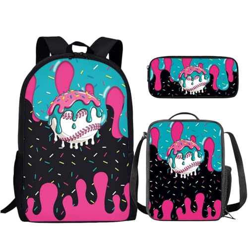 Baseball Kids Backpack Set of 3 with Lunch Bag Pen Bag Set School Backpack Set for Boys with Compartments Portable Lunch Box for School Students - color: Baseball
