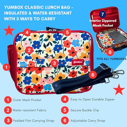 Yumbox Kids Insulated Lunch Bag, Holds Lunch Box & Bottle, Poppy Flowers | Holds Lunch Box & Water Bottle | 3 Ways to Carry | Interior Zipper Pocket | Insulated EVA Lining | Wipe-Clean Fabric - color: Poppy Red