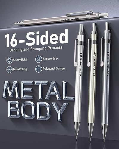 Metal Mechanical Pencil Set, Break-Resistant 0.9mm 4-Pack with Storage Case | 480 Leads, 3 Erasers+9 Refills, For School Writing, Sketching, Art Drawing & Professional Drafting - style: 0.9MM