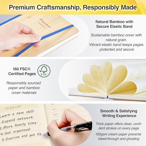AUROPLANNER A5 Undated Planner Bamboo Cover Daily Weekly Monthly, Green | Portable Lay-Flat Notebook Organizer, 4-Month Layout, 160 Pages Cream White 100 GSM Paper, 2028 2027 2026 Calendar, Travel