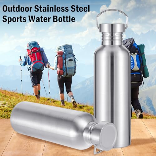 Lemecima 4 Pack 34oz Uninsulated Single Walled Stainless Steel Sports Water Bottle with Handle 304 18/8 Stainless Steel Camping Water Bottle for Cyclists Runners Hikers Beach Goers Picnics Camping