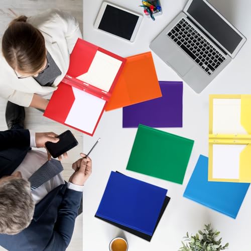 Cholemy 72 Packs Pocket Folders with Prongs Heavy Duty Plastic Folder with Business Card Slot 3 Prong Fasteners for School Office (Rainbow) - color: Rainbow