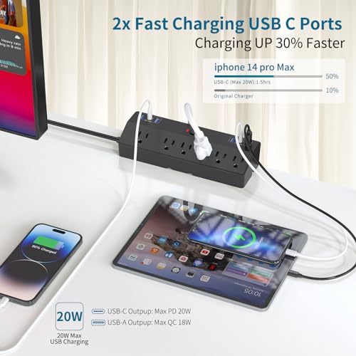 Desk Clamp Power Strip 2 USB C Desktop Mount Outlet Charging Station, 10FT Extension Cord Flat Plug with 6 AC, Removable 40W Fast Charging Surge Protector Power Strip Fits 1.8" Office Tabletop Edge