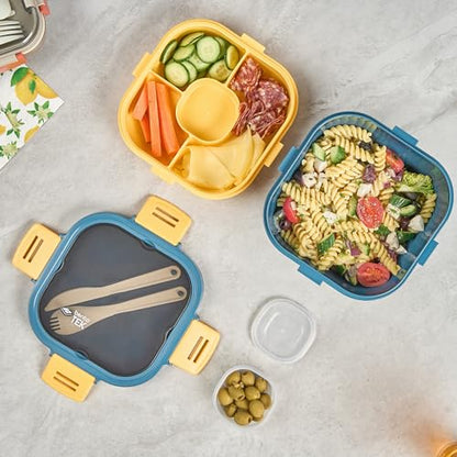 Restaurantware-Bento Tek 57.5 Ounce Bento Box, 1 Reusable Lunch Container - With Fork And Knife, Does Not Contain BPA, Blue And Yellow Plastic Reusable Lunch Box, Microwavable, Dishwashable - size: 1 Count, style: 58 oz - Blue