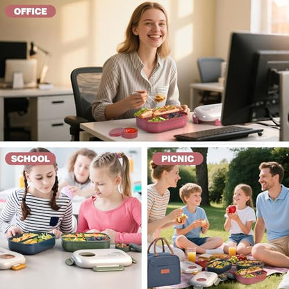 Lunch Box for Women, Kids & Men, Leak-Proof 3-Compartment Bento | Insulated bag, utensils & sauce container included; BPA-free; Microwave & dishwasher safe; Ideal for school, work & travel. - color: Red
