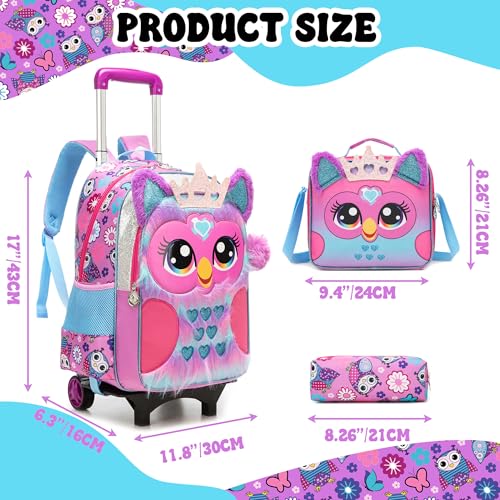 Meetbelify Girls Cute Backpack with Wheels for Elementary Students Kids Black Travel Luggage - color: Owl