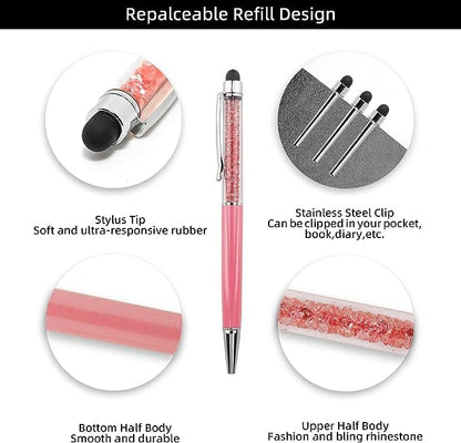 Bling Ballpoint Pens Crystal Diamond Pen Capacitive Touch Screen Stylus with Replacement Refills Rubber Tips for iPhone iPad Kindle Touchscreen Devices 3Pcs Writing Pen (Pink) - color: pink