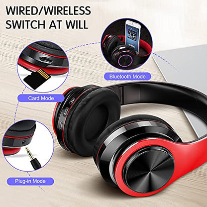 Bluetooth Over Ear Headphones, Colorful LED Lights Deep Bass Headphones with Microphone, Lightweight Wired and Wireless Foldable HiFi Stereo Headphones for Classroom/Home Office/Mobile Phone (Red) - color: Red Black
