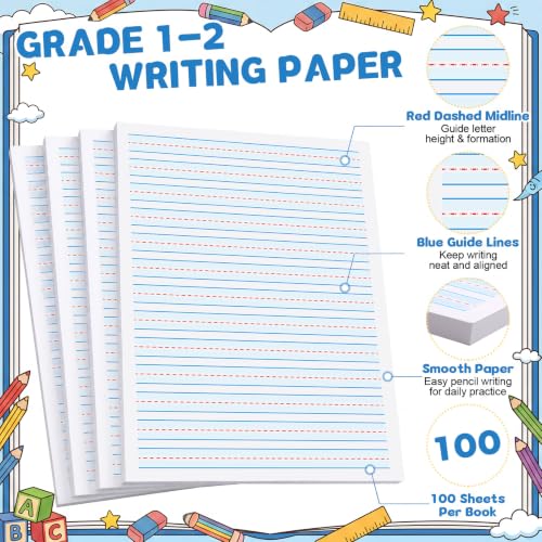 Ireer 400 Sheets Ruled Writing Paper 8.5 x 11 Inch Double Sided Primary Writing Paper Dotted Midline & Highlighted Lines Handwriting Practice Sheets for Kindergarten Grades 1-2 Toddlers Kids