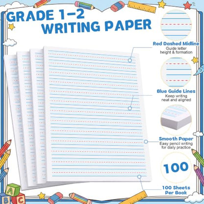 Ireer 400 Sheets Ruled Writing Paper 8.5 x 11 Inch Double Sided Primary Writing Paper Dotted Midline & Highlighted Lines Handwriting Practice Sheets for Kindergarten Grades 1-2 Toddlers Kids