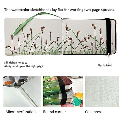 tumuarta Watercolor Journal, 3.5x5.5”, 140 LB, 300 GSM, Cotton Paper, Cold Press, 24 Sheets, 48 Pages, Watercolor Sketchbooks for Use As Travel Notebook Mixed Media Pad On The Go - color: Green