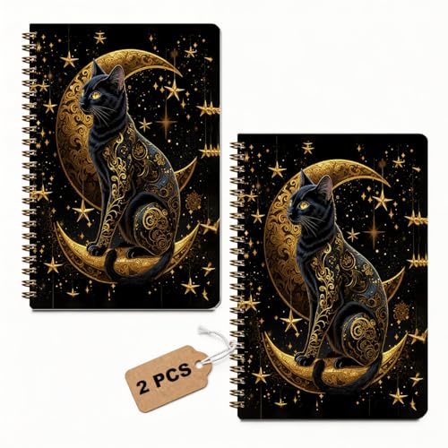 2 Pcs Gothic Cat A5 Spiral Notebook 160 Pages, Witchy Cat Journal Notebook | Mystical Celestial Witch Spiral Notepad, Vintage Hardcover Journals for Writing Office, Cat Lover Gifts for Women Friends - color: Multicolour 0024