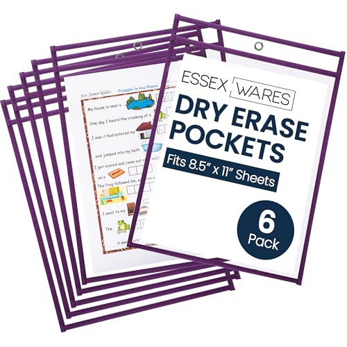 Essex Wares - 6 Pack, Grape, Durable Water-Resistant Dry Erase Pocket Document Protectors, 10" Wide x 13.5" Tall - Dry Erase Clear Plastic Sleeves - Reusable & Easy Erase Plastic Invoice Holders - color: Grape