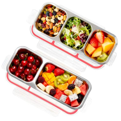 2-Pack Stainless Steel Bento Box - Leak-Proof, Reusable Lunch & Snack Containers for Kids Adults, Fits Lunchables (2+3 Compartments) - color: 2+3 Compartments Red