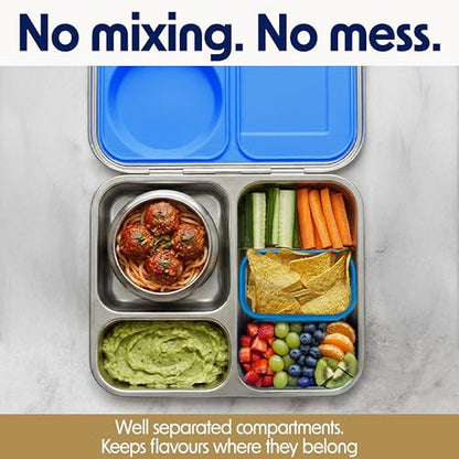 Stainless Steel Bento Lunch Box with 8 oz Insulated Food Jar – 54 oz – Leak-Resistant 3-Compartment Kids & Adult Metal Meal Container with Silicone Container and Thermo for Work & School, BPA-Free
