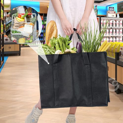 3Pcs Insulated Grocery Shopping Bag, FHDUSRYO 40L Large Black Food Delivery bags, Durable Thermal Cooler Bags with Handles and Bottom Plates, Reusable Lunch Container for Catering Grocery (43x26x33cm)