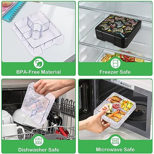 Pawtong Bento Lunch Box Set With 10oz Soup Thermo, Leak-proof Lunch Containers with 4 Compartment, Kids Hot Thermo Food Jar/Insulation Lunch Bag, Food Containers for School (Black-Games) - color: Black-Games