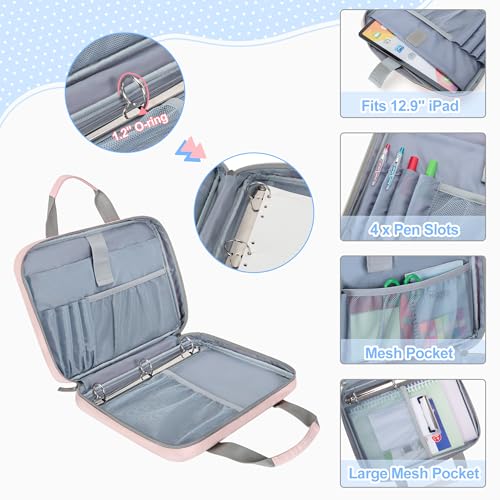 YARWO 2026 Upgraded Zipper Binder with 3 Pencil Pouches, 3 Ring Binder Bag | Small File Organizer, Multi Pockets, Padded Sleeve Fits 13” iPad, ID window, 1.2" O Ring, for School, Office, Work, Pink - color: Pink