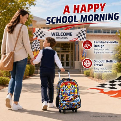 HPJGD 3PCS Car Rolling Bookbag for Boys, Kids School Backpack with Wheels, Water Resistant UV Printed Roller Wheeled Bookbag Set with Lunch Box - color: 3PCS Boys Rolling Backpack